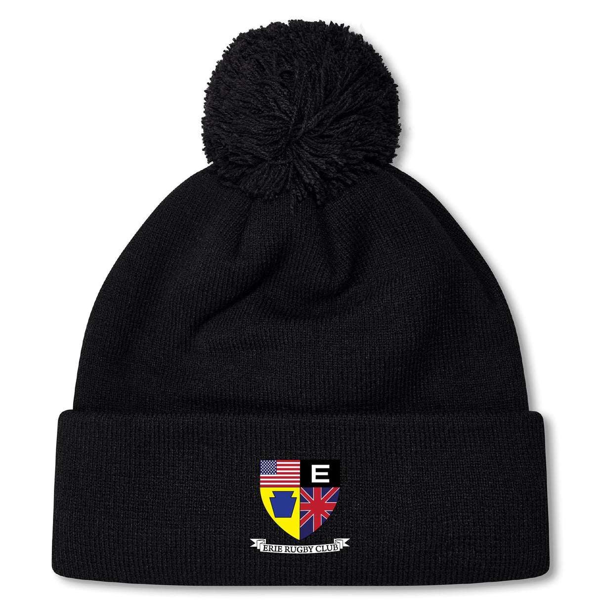 The Erie Rugby Club Pom Pom Beanie by EMB Canterbury is a black fleece-lined hat with a pom-pom and a multicolored crest featuring the US and UK flags, a yellow shield, and "EIRE RUGBY CLUB" text.