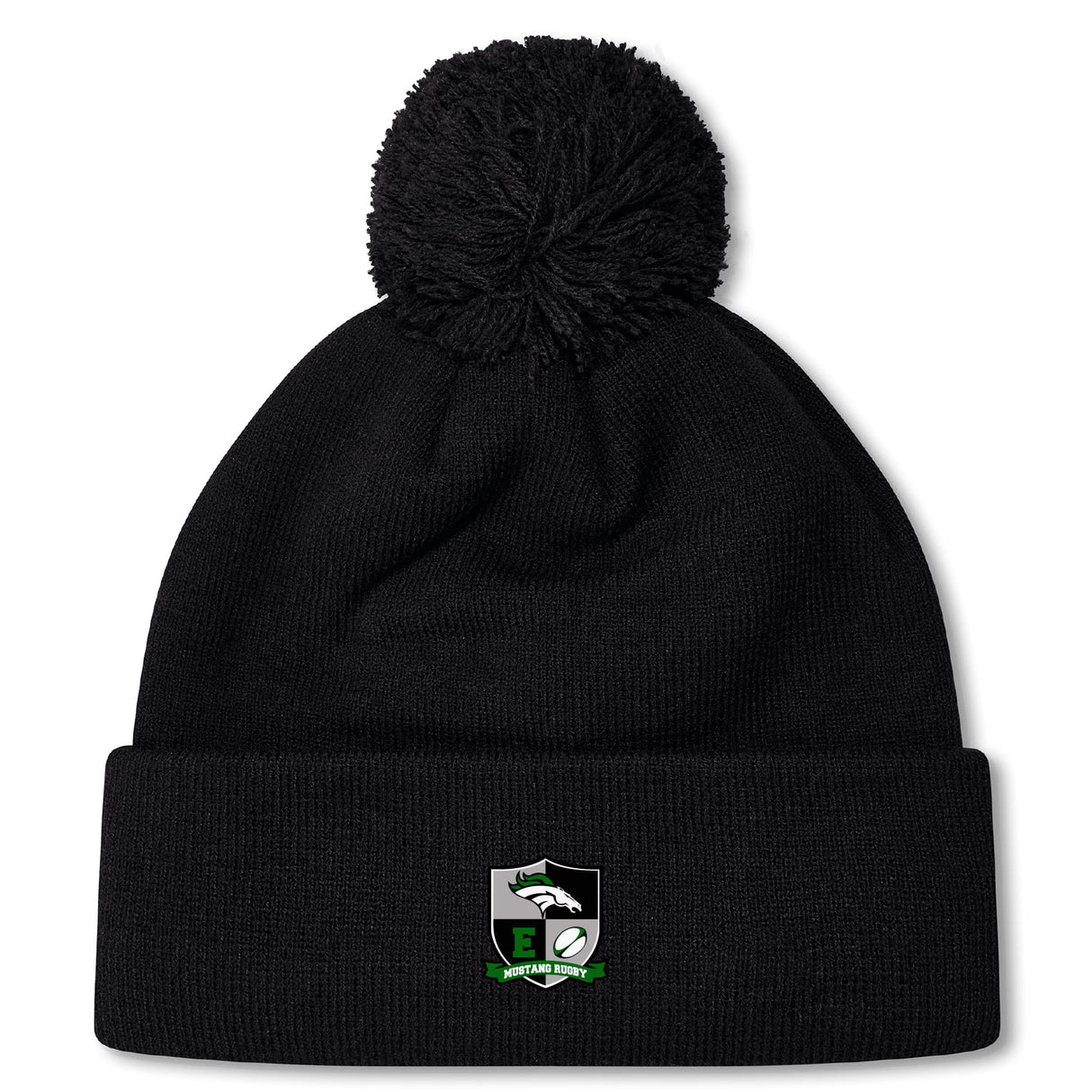The Eagle High Mustangs Pom Pom Beanie by EMB Canterbury is a black knit hat with a pom-pom, an embroidered eagle and rugby ball logo with green accents on the cuff, and a cozy fleece lining for extra warmth.