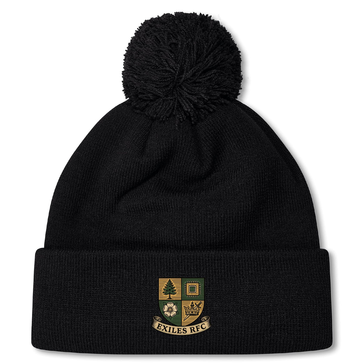 The Exiles Rugby Football Club Pom Pom Beanie by EMB Canterbury is a black, fleece-lined hat with a pom-pom and the Exiles RFC crest embroidered on the front cuff for added warmth and style.