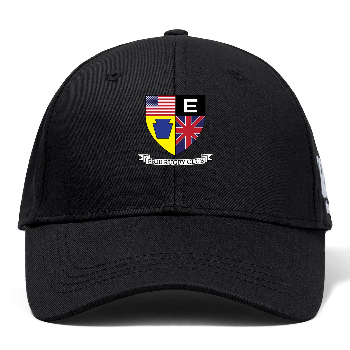 The Erie Rugby Club Flexfit Drill Cap by Canterbury features a black curved brim, crest with American & British flags, yellow & blue emblem, black & white “E,” “ERIE RUGBY CLUB” banner, and premium Flexfit comfort by EMB Canterbury.
