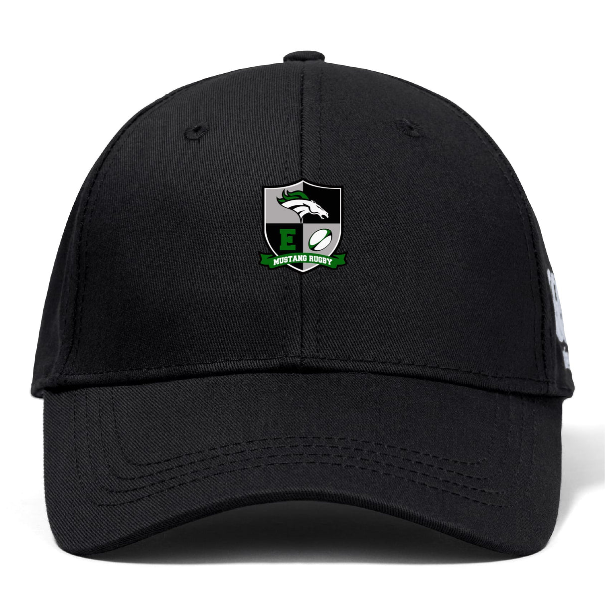 The Eagle High Mustangs Flexfit Drill Cap by EMB Canterbury is a black cap with an embroidered "Highland Rugby" shield, white eagle, green accents, rugby ball on the front, and a subtle CCC logo on the side.