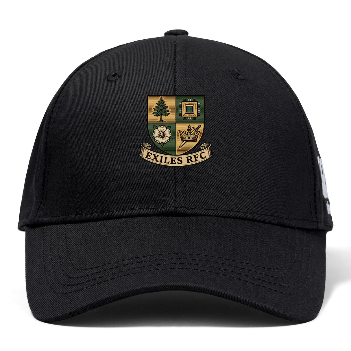 The Exiles Rugby Football Club Flexfit Drill Cap by Canterbury features the Exiles RFC crest with four symbols and a scroll on the front and an embroidered logo, all in black. Brand: EMB Canterbury.