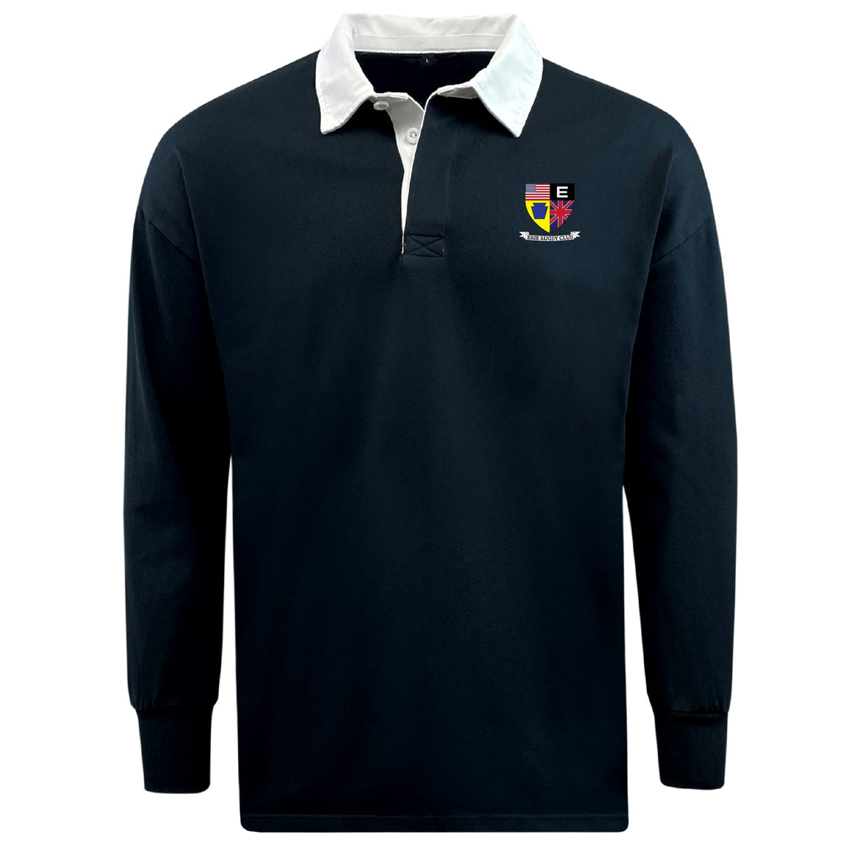 The EMB Mudoo Erie Rugby Club Classic Long Sleeve Solid Rugby Jersey features a dark blue design, white collar, and an embroidered crest on the left chest.