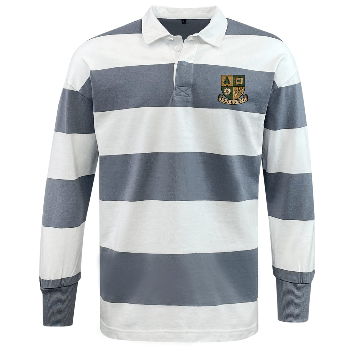 The EMB Mudoo Exiles Rugby Football Club Classic Long Sleeve Hooped Rugby Jersey features bold stripes and a stylish logo—ideal for adding a sporty touch to your outfit.