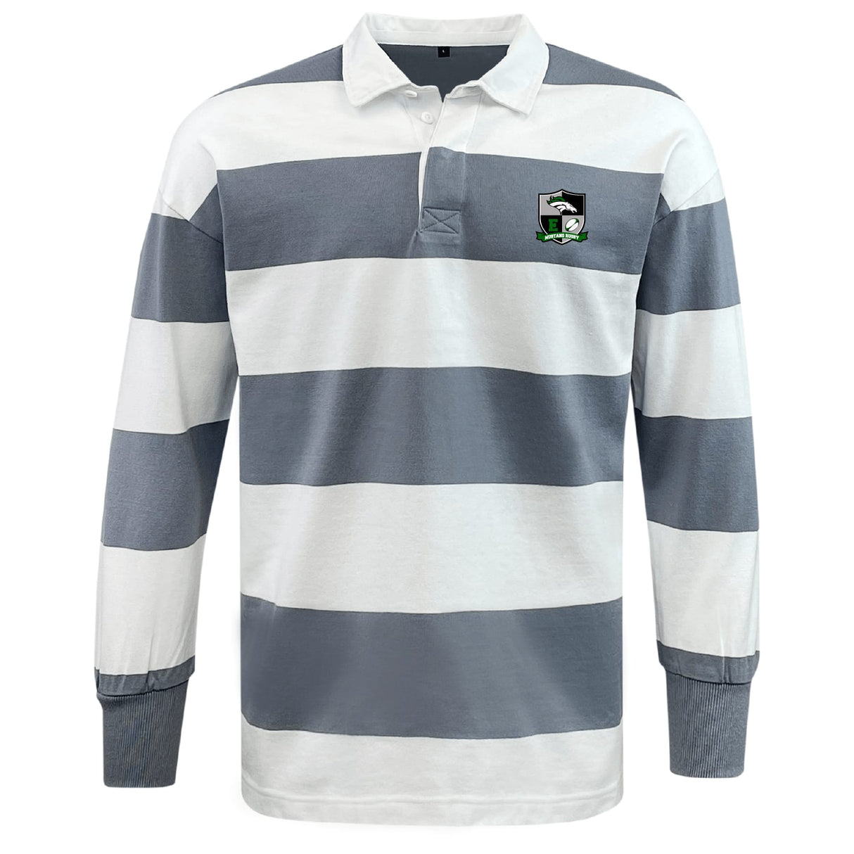 The EMB Mudoo Eagle High Mustangs Classic Long Sleeve Hooped Rugby Jersey features wide white and gray stripes, a collar, button placket, and chest crest for a timeless vintage rugby look.