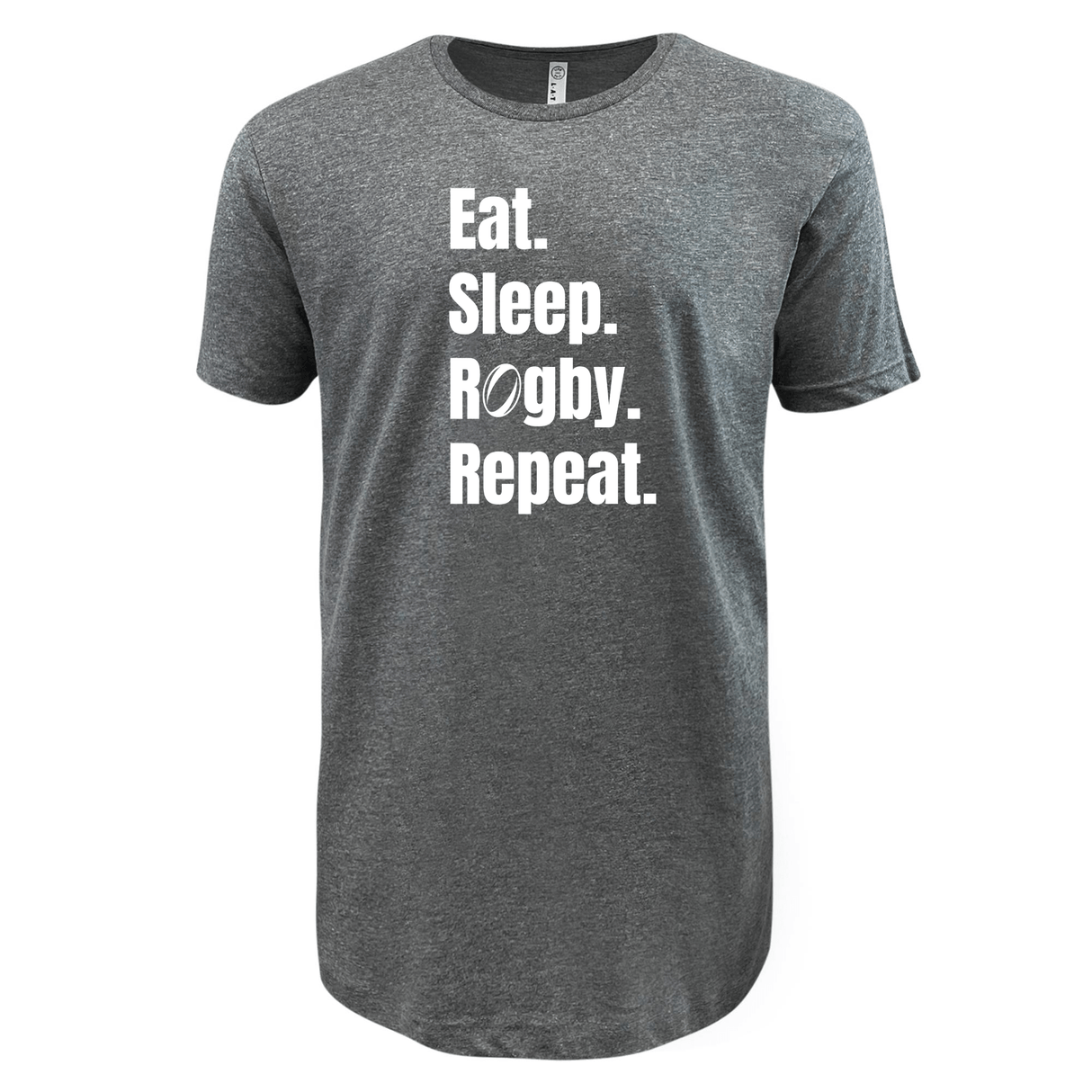 Gray Eat Sleep Rugby Repeat Supersoft Tee with the phrase in white block letters by WRS LAT.