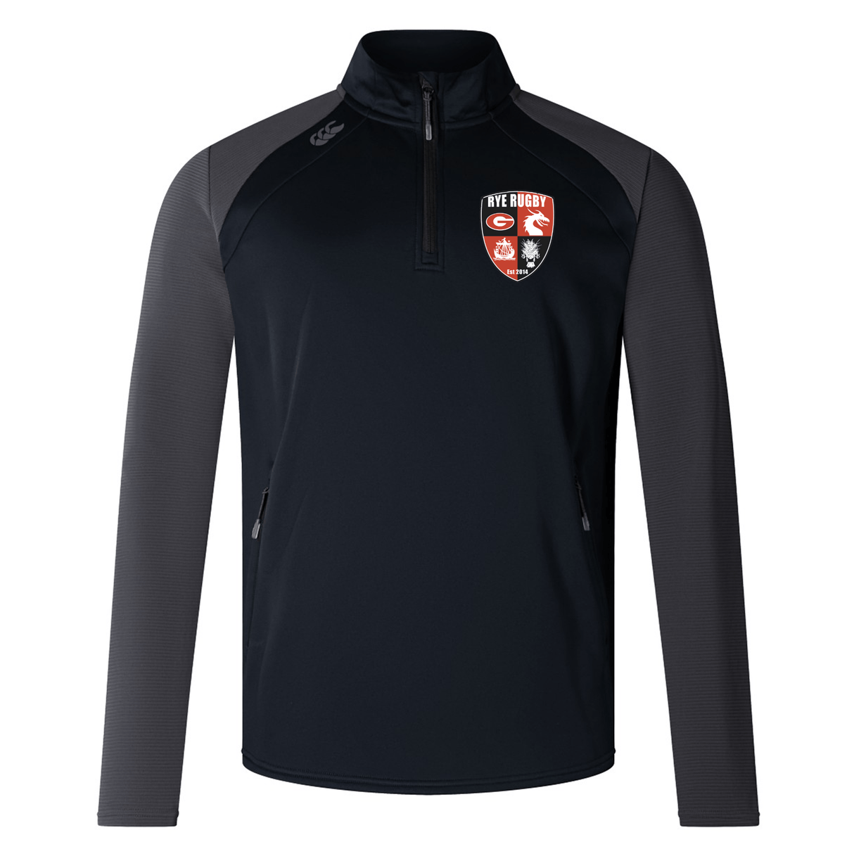 Black Rye High School Rugby Elite 1/4 Zip Top by EMB Canterbury with rye rugby club logo on the left chest, designed as a comfortable layer for training.