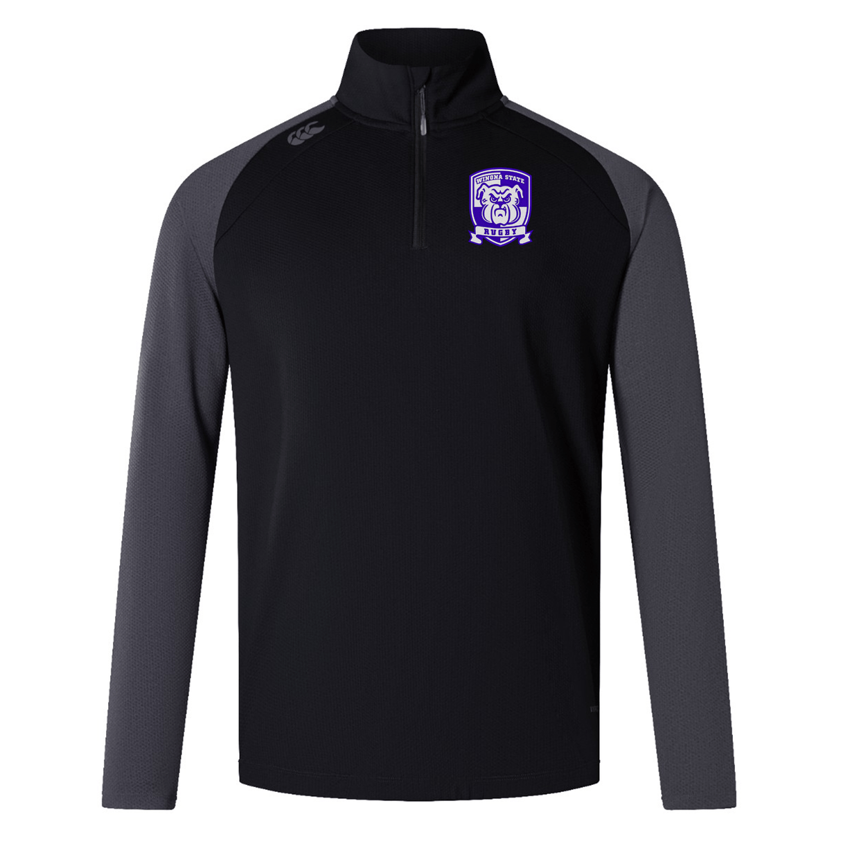Long-sleeve, black and grey quarter-zip top with a purple and white embroidered crest on the left chest, featuring VapoDri technology for breathable, quick-drying comfort. The product is the Winona State University Elite First Layer by Canterbury by EMB Canterbury.
