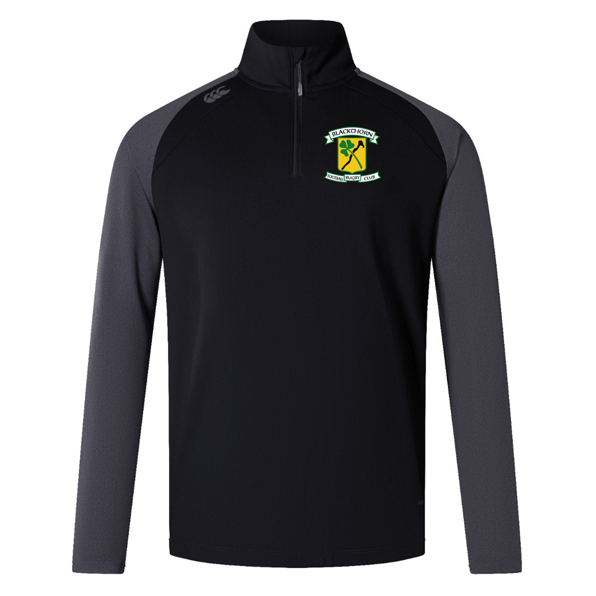 Black and gray long-sleeve pullover with a quarter-zip, featuring a green and yellow emblem on the left chest. Designed as rugby training attire, the EMB Canterbury Blackthorn RFC Elite First Layer is perfect for staying warm and comfortable during cold weather practices.