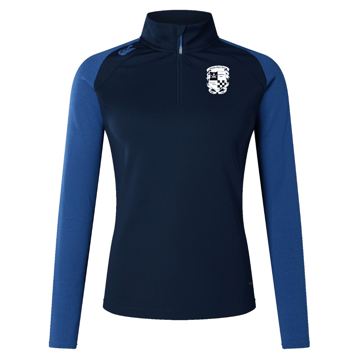 A navy blue long sleeve athletic pullover with a quarter-zip and a crest on the left chest area, crafted from VapoDri honeycomb fabric. Rugby Football Club at Christopher Newport University Women's Elite First Layer by EMB Canterbury.