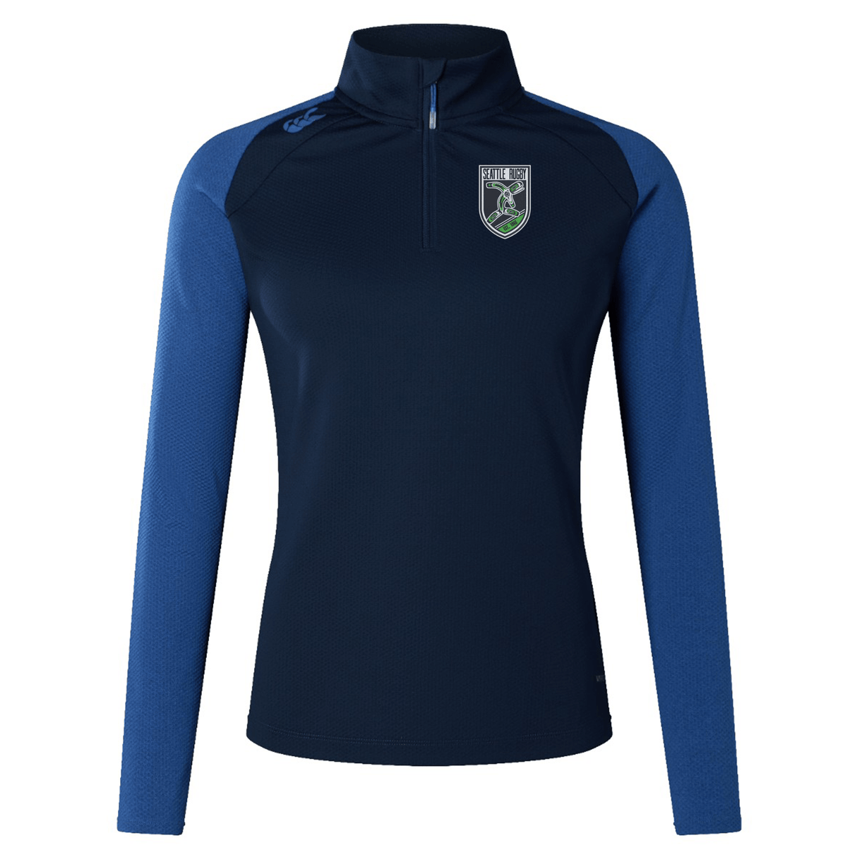 Navy blue quarter-zip Seattle Rugby Club Elite First Layer sports top with long sleeves and a crest on the left chest area, displayed on a plain background by EMB Canterbury.