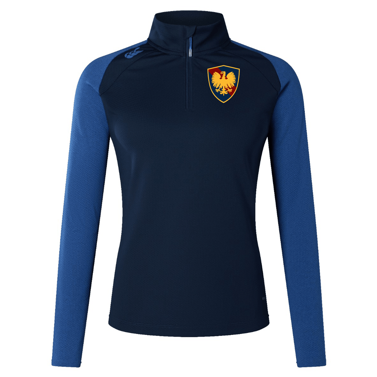 Navy blue sports jacket with a high collar and a yellow crest on the left chest, featuring long sleeves and honeycomb fabric panels, EMB Canterbury's Cincinnati Classical Academy Women's Elite First Layer.