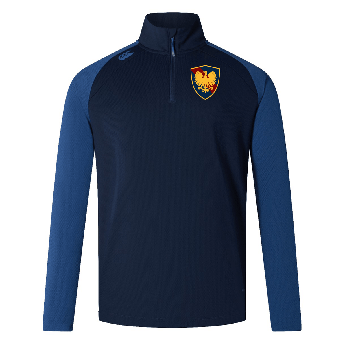 Cincinnati Classical Academy Elite First Layer quarter-zip pullover by EMB Canterbury with a contrasting light blue sleeve design and a yellow emblem on the left chest area.