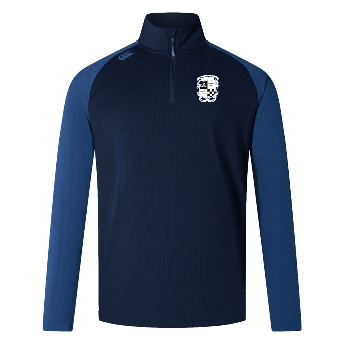 Navy blue quarter-zip EMB Canterbury rugby training attire with light blue sleeves and a white heraldic lion crest on the left chest, featuring moisture-wicking VapoDri technology.