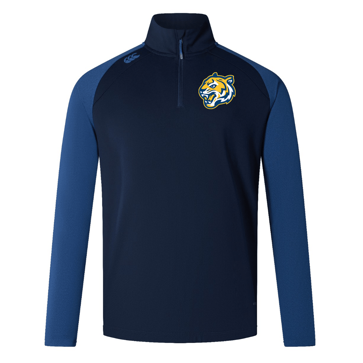 Navy blue Noble Street College Prep Elite First Layer by EMB Canterbury quarter-zip pullover with a blue side panel and a gold and blue cougar logo on the left chest.