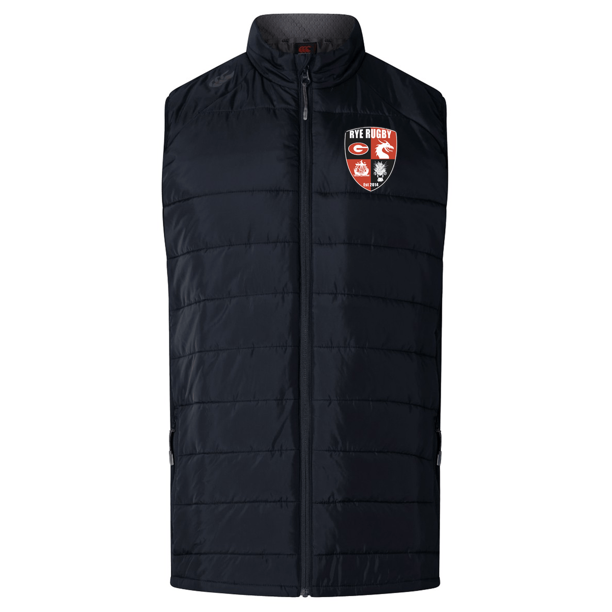 A black Rye High School Rugby Elite Microlite Gilet by EMB Canterbury with a rugby team emblem on the left chest.