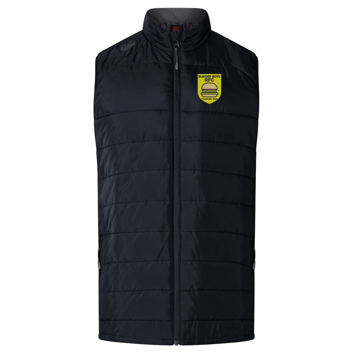 EMB Canterbury Burger Boys RFC Elite Microlite Gilet with a yellow logo patch on the left chest, displayed against a white background.