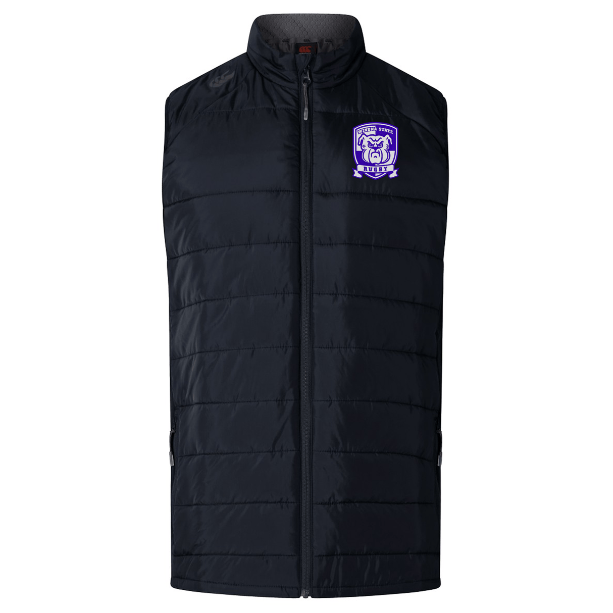 A black Winona State University Elite Microlite Gilet by EMB Canterbury featuring insulated baffles and a purple and white emblem with a shield and crest on the upper left chest area.