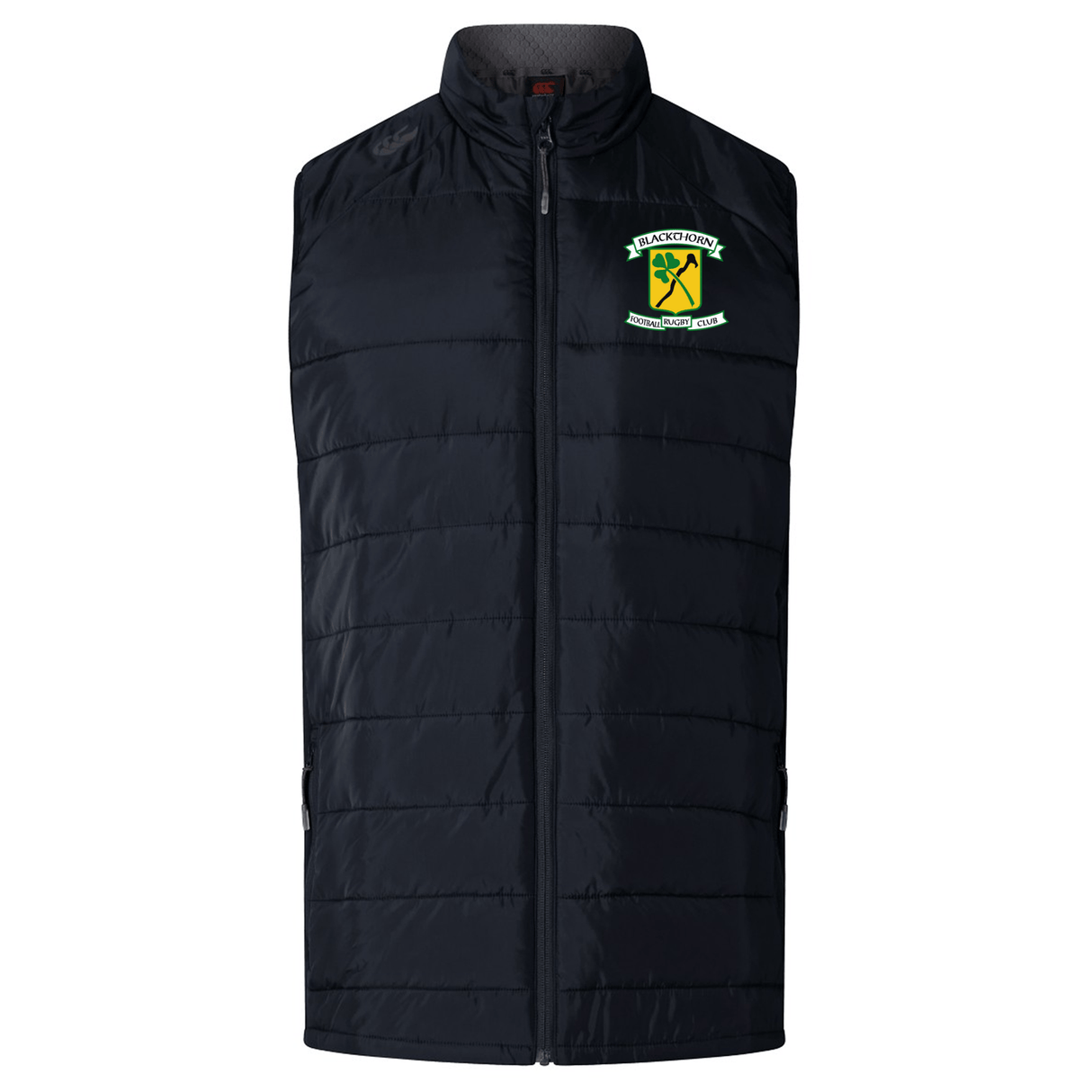 Black quilted hybrid Gilet with a green and yellow "Blackthorn RFC Elite Microlite Gilet by EMB Canterbury" logo on the left chest.