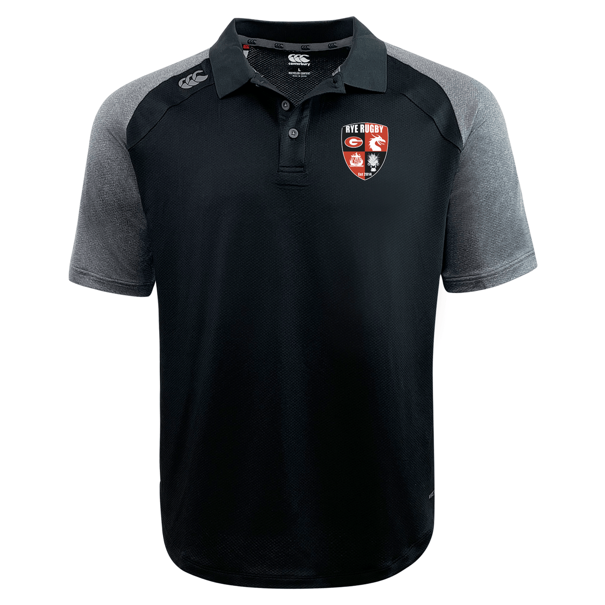 Black Rye High School Rugby Elite Polo by EMB Canterbury with a collar and embroidered logos, designed with Vapodri fabrics.