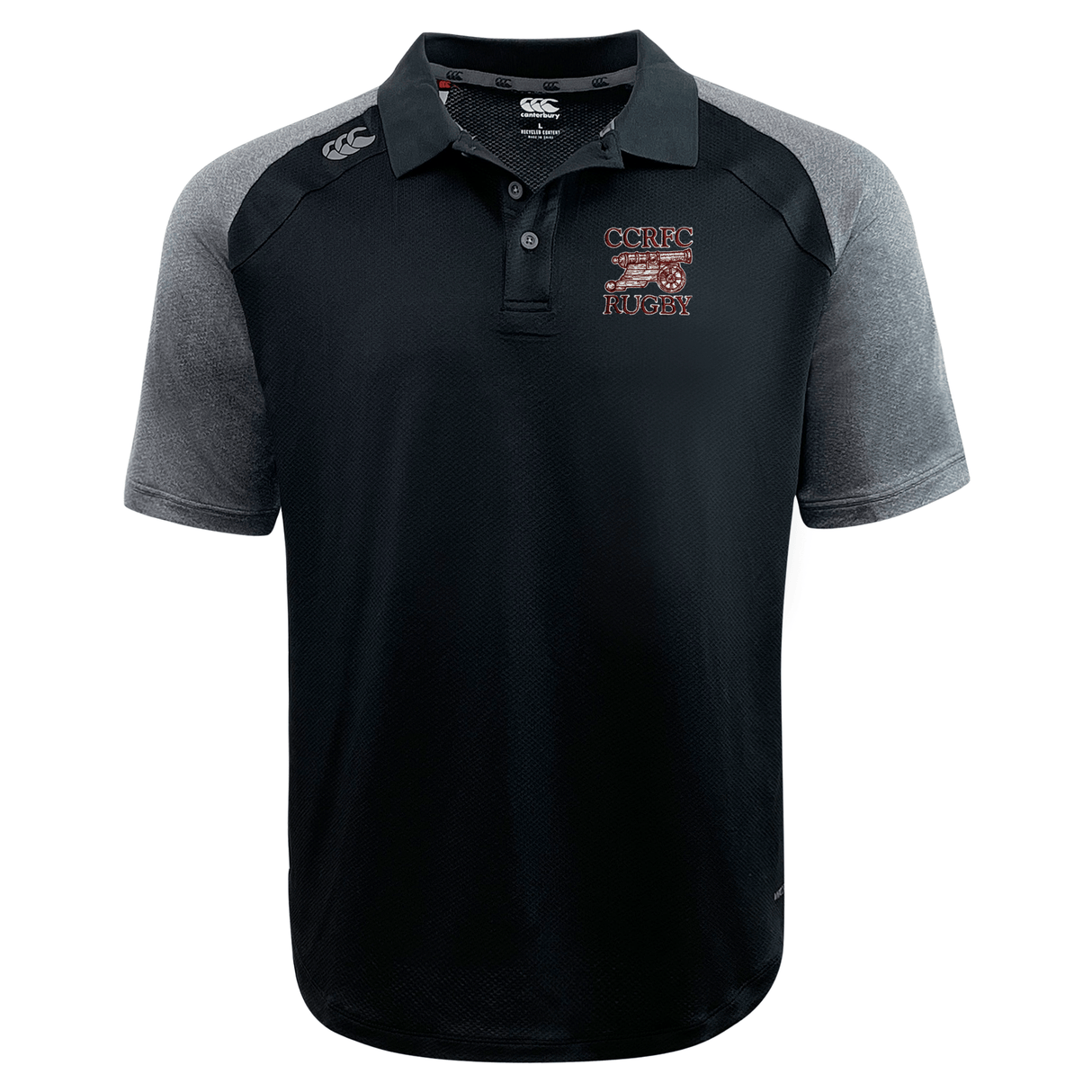 Black Concord Carlisle Rugby Elite Polo shirt with a polo collar, featuring embroidered logos on the chest that read "ccc" and "cbrrc rugby" by EMB Canterbury.