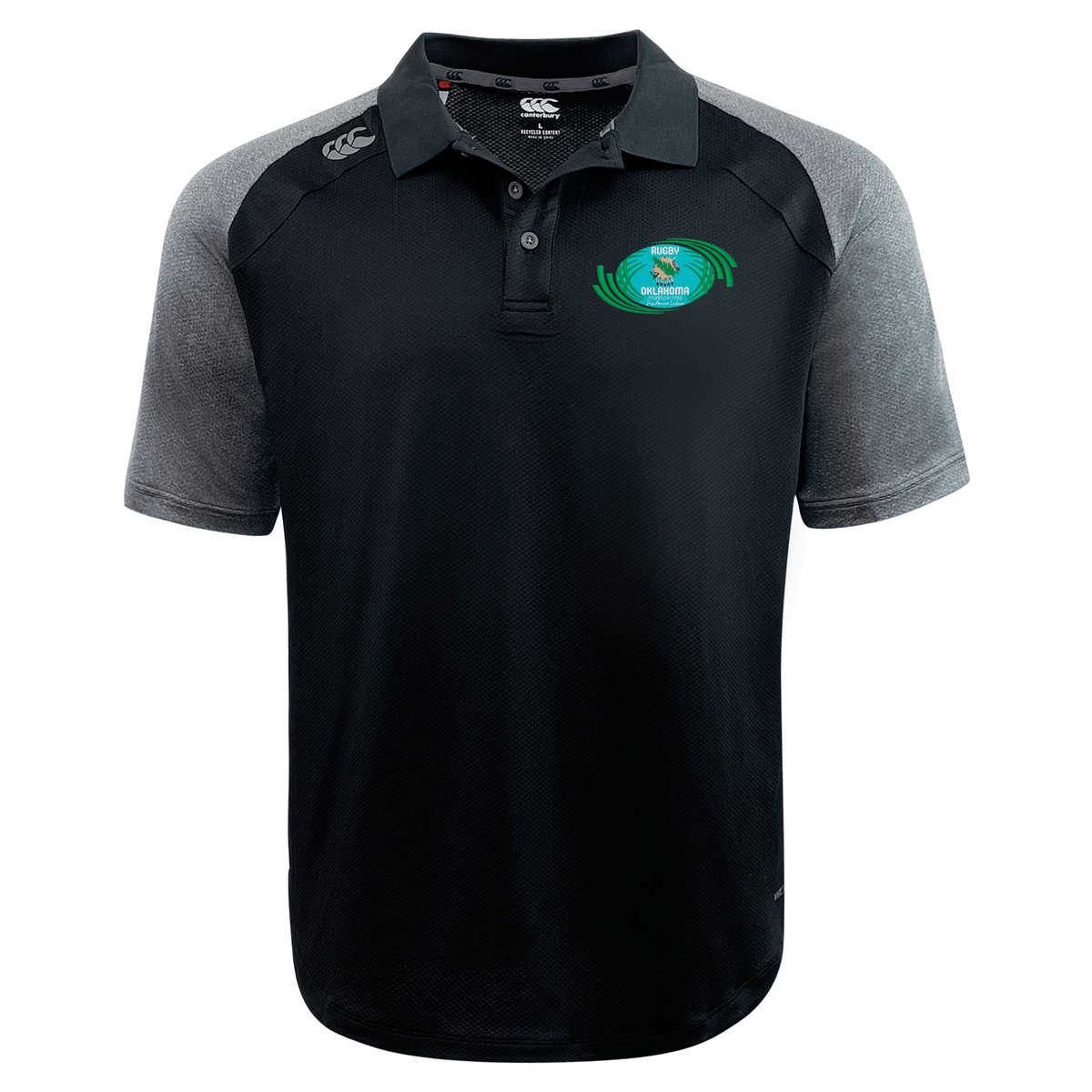Bi-color polo shirt with a collar, featuring an embroidered logo on the left chest and a sportswear EMB Canterbury logo on the right chest.