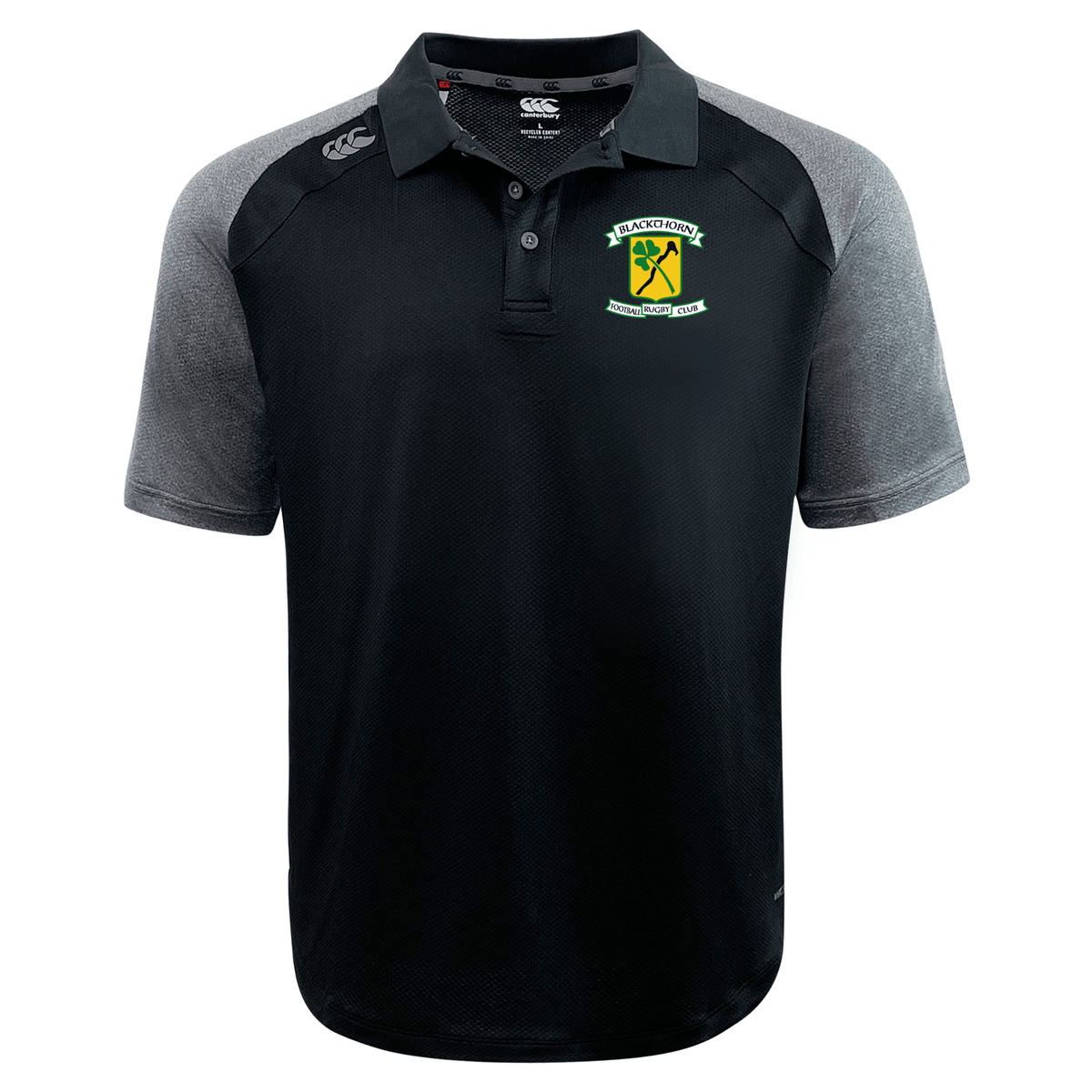 Bi-color sports polo shirt with a collar, featuring an embroidered logo of the Blackthorn RFC rugby team on the chest.