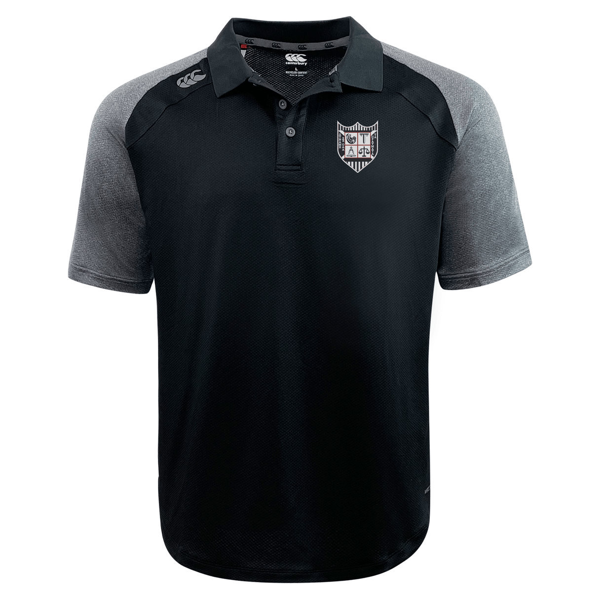 Black and grey Troy University Rugby Elite Polo by Canterbury shirt with a collar and a shield emblem on the left chest, displayed on a plain background.