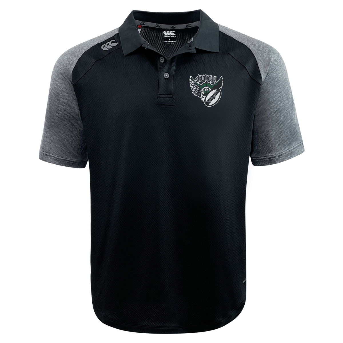 Black Chicago Valkyries Elite polo shirt with a 3 button polo collar, featuring an EMB Canterbury logo on the left chest and a white sponsor's logo on the right chest.