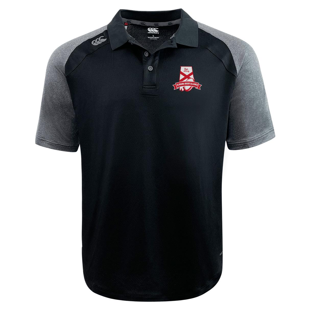 Alabama Rugby Alliance Elite Polo shirt by EMB Canterbury, with a polo collar, featuring a red and white team logo on the left chest and a sportswear brand logo on the right.