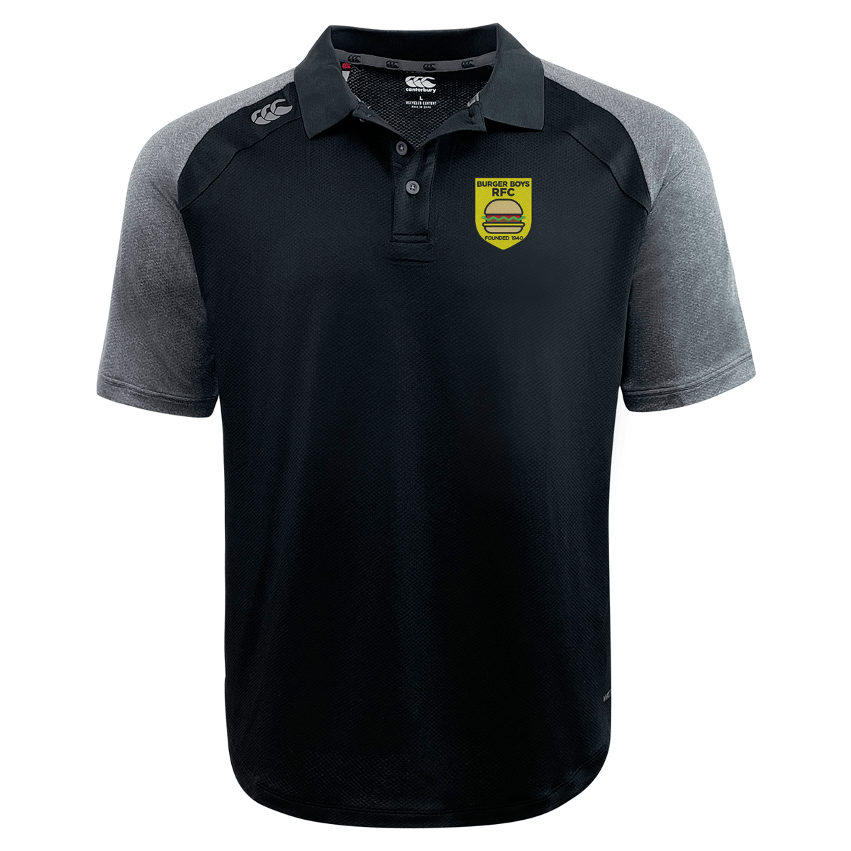 Bi-color Burger Boys RFC Elite polo shirt by EMB Canterbury, with a collar, displaying logos on the right chest and left sleeve, isolated on a white background.