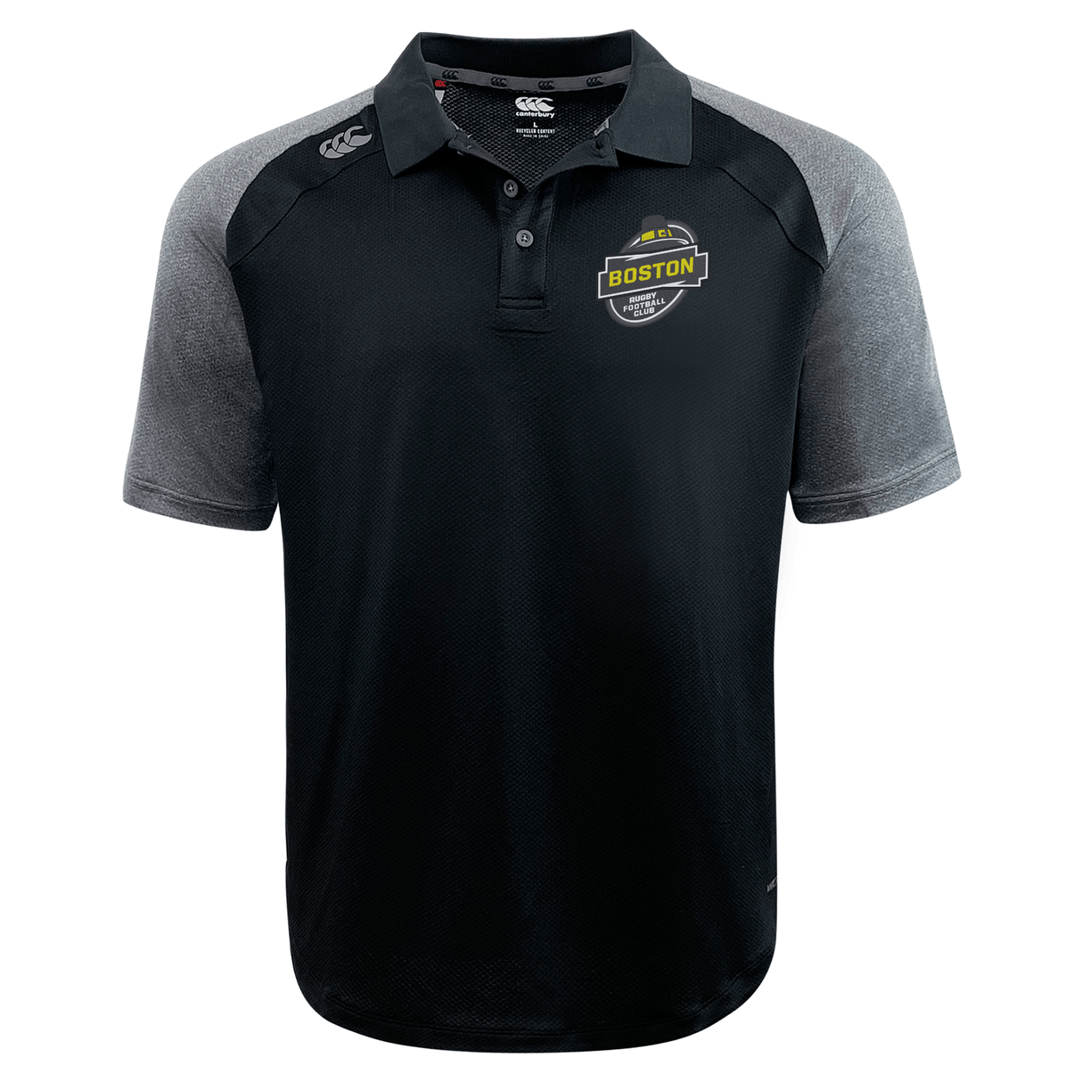 Bi-color polo shirt with a collar, featuring a 'Boston RFC Elite Polo by Canterbury' emblem and the EMB Canterbury logo on the chest.