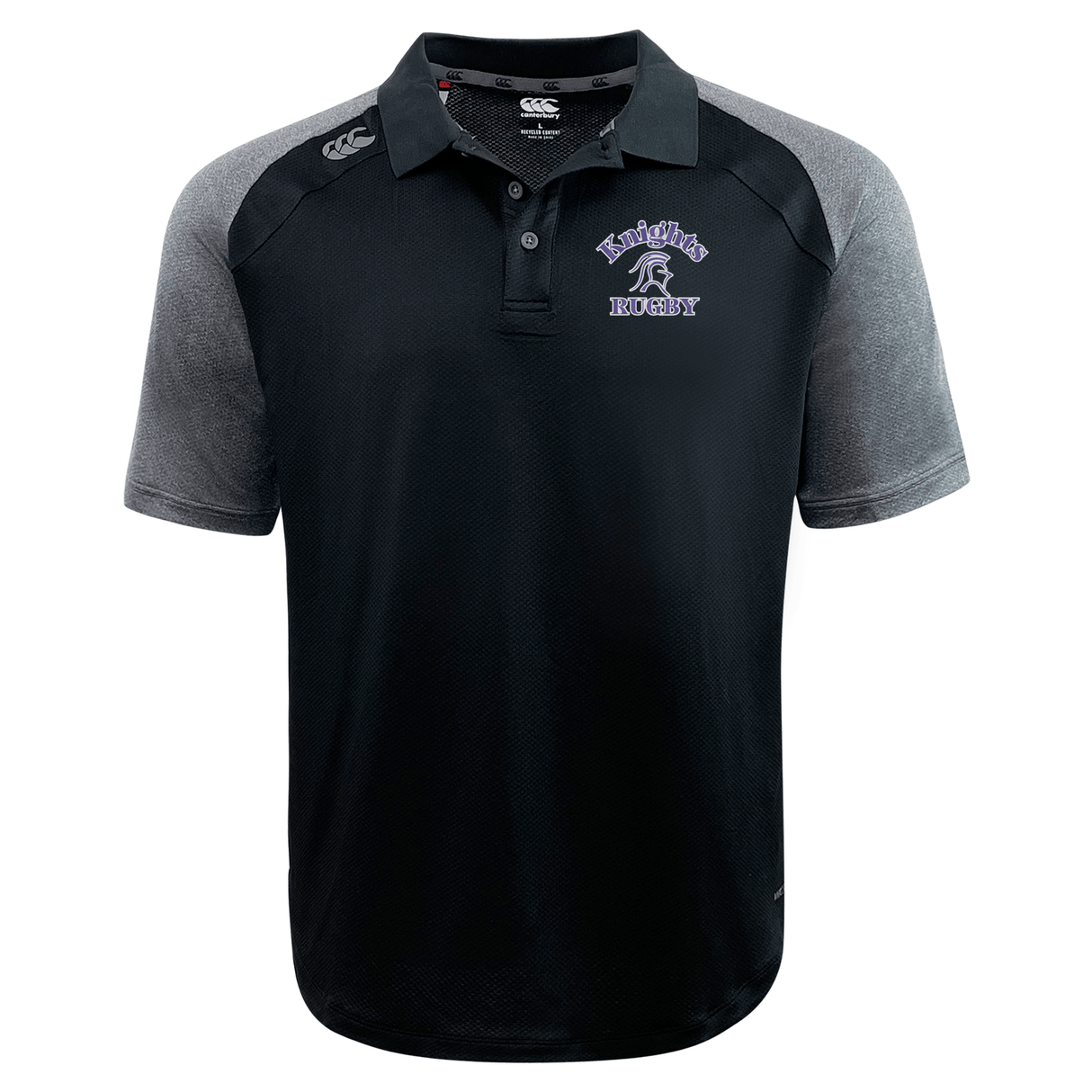 A black and gray short-sleeve rugby polo shirt, crafted with Vapodri fabrics, displays the "Knights Rugby" team logo on the left chest and a small "CCC" logo on the right shoulder—this is the Ardrey Kell Rugby Elite Polo by Canterbury from EMB Canterbury.