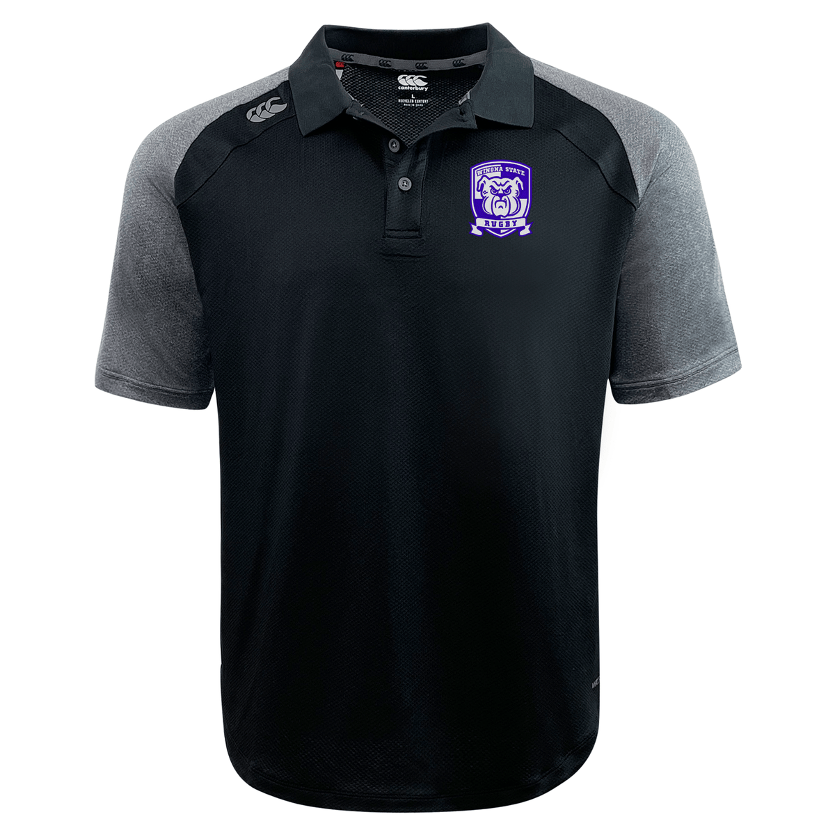 Black and gray short-sleeved bi-color Winona State University Elite Polo by Canterbury with a collar and three buttons. Crafted from lightweight Vapodri fabrics, the shirt features a purple and white crest logo on the left chest.
Brand Name: EMB Canterbury