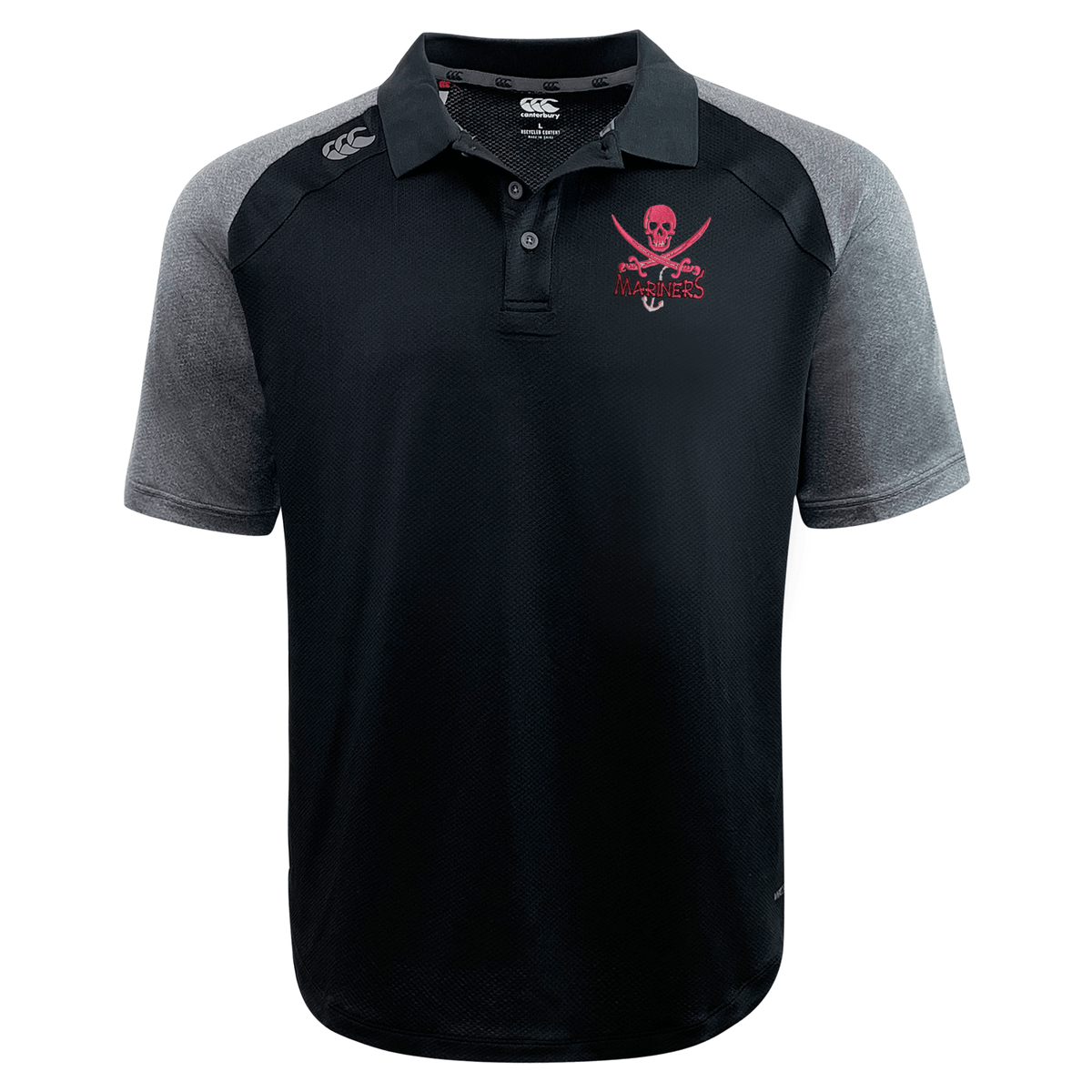 Black SUNY Maritime Elite Polo shirt by EMB Canterbury with a small skull and crossbones logo on the left chest, featuring a polo collar and short sleeves.