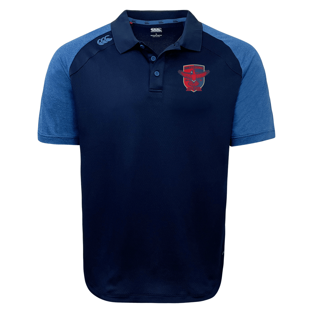 Navy blue bi-color rugby shirt with collar and team crest on the right chest. Charlotte Cardinals Rugby Club Elite Polo by EMB Canterbury.
