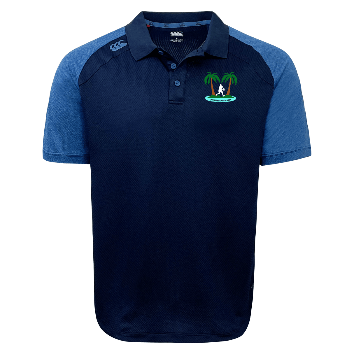 Twin Island Rugby Elite Polo by EMB Canterbury with a green palm tree logo on the left chest and contrast polo collar detail.