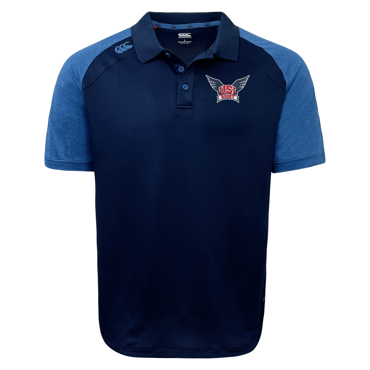 The University of Southern Indiana Elite Polo by Canterbury is a navy blue and light blue polo shirt with Vapodri fabrics. It features an embroidered logo on the left chest and a small logo on the right shoulder, making it both lightweight and durable.