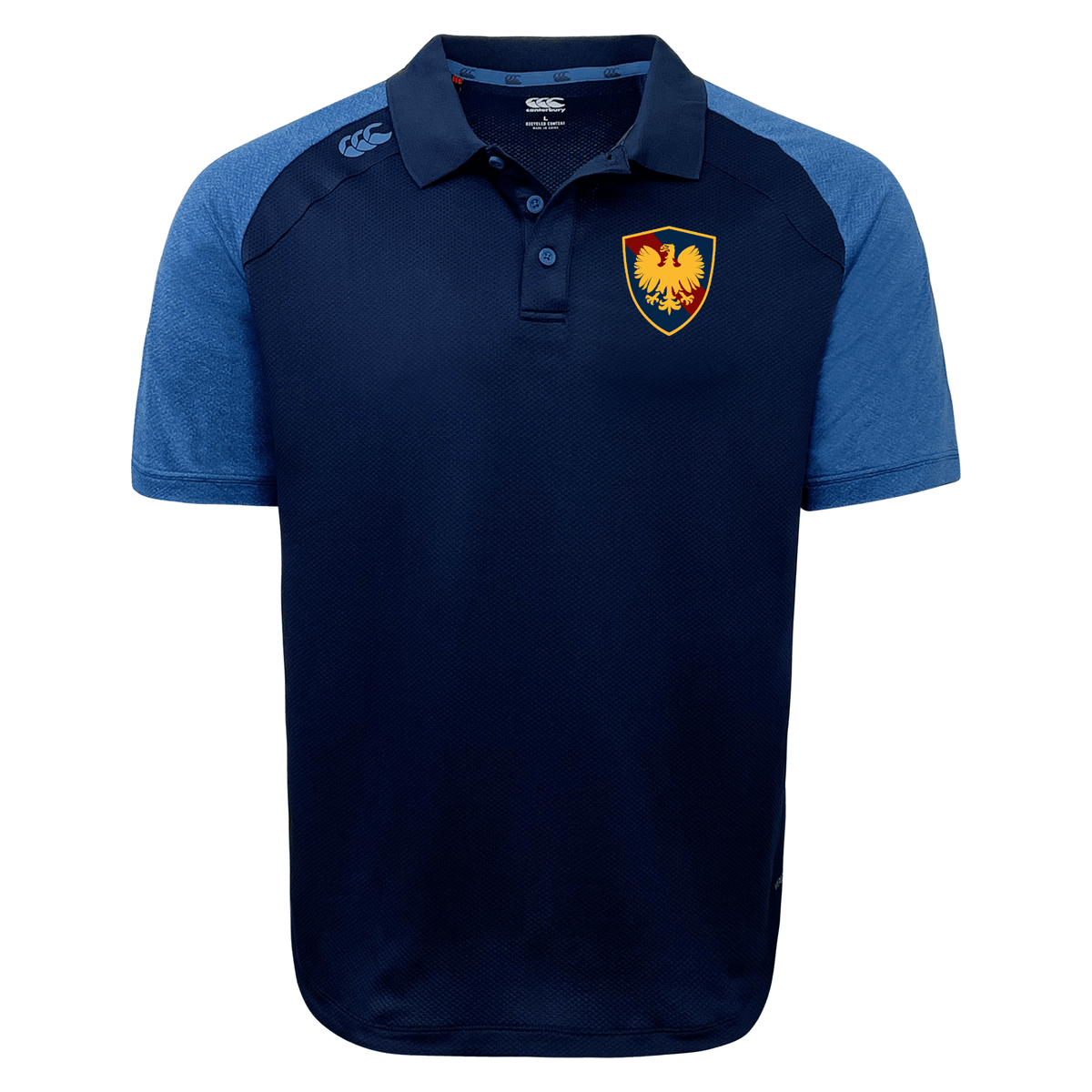 Navy blue bi-color Cincinnati Classical Academy Elite polo with a collar, featuring a logo of a gold eagle on the left chest and a contrasting light blue shoulder panel by EMB Canterbury.