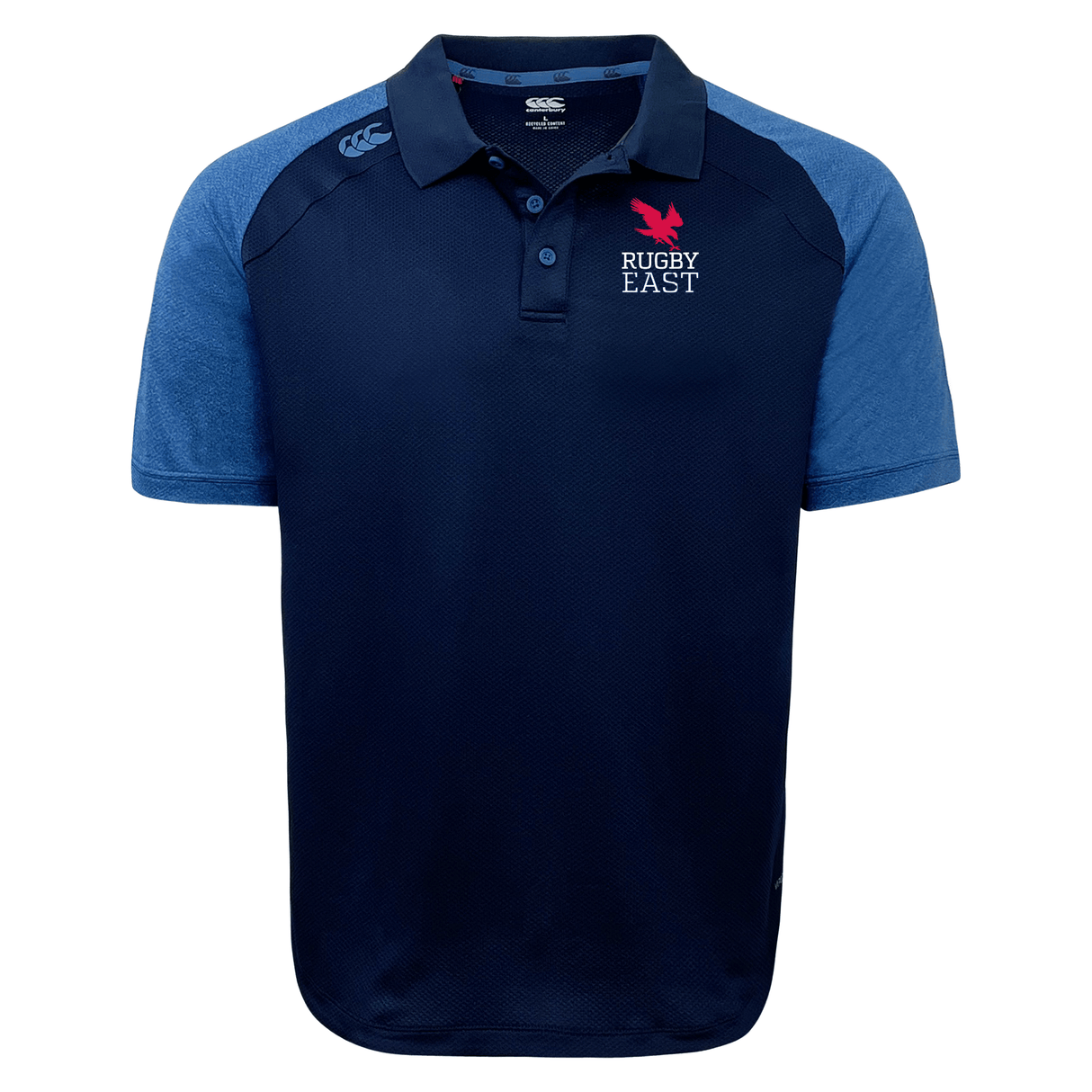 A short-sleeve navy blue and light blue Rugby East Conference Elite Polo by Canterbury with "RUGBY EAST" and an eagle logo on the left chest, featuring a 3-button polo collar and EMB Canterbury logos on the collar and right shoulder. Made from lightweight and durable Vapodri fabrics for added comfort.