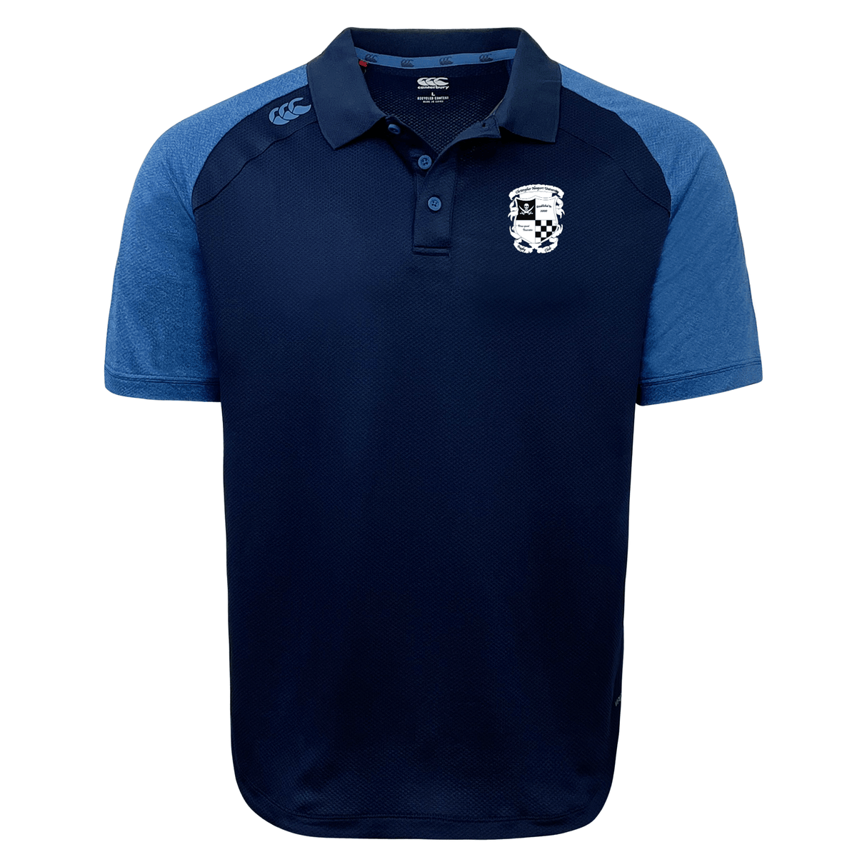 EMB Canterbury Navy blue bi-color Rugby Football Club at Christopher Newport University Elite polo shirt with a contrasting light blue panel, featuring a small white logo on the left chest and a collar with buttons.