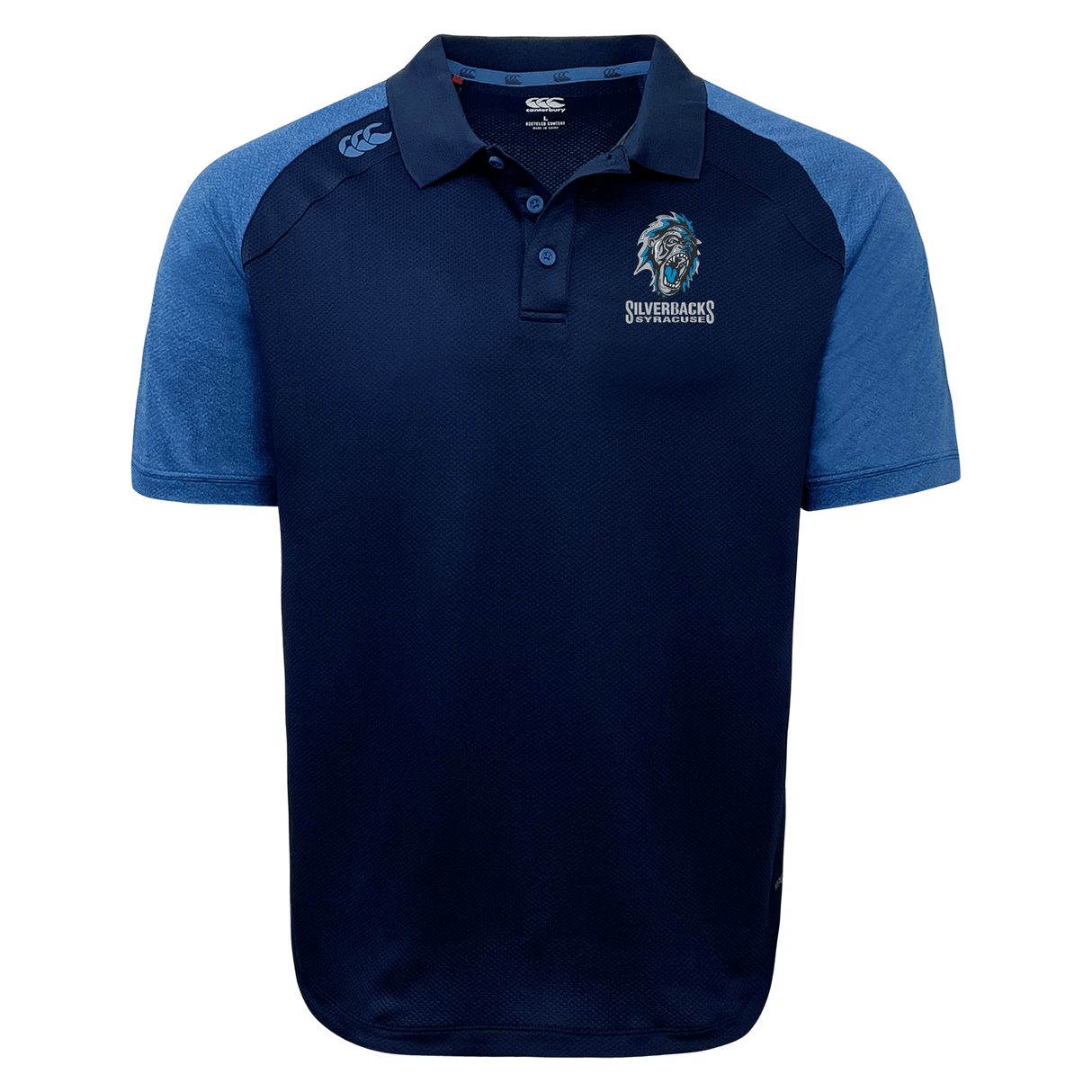 The Syracuse Silverbacks Elite Polo by Canterbury is a navy blue polo shirt with lighter blue shoulders and sleeves, featuring a team logo and the text "Silverbacks" on the left chest. Made from lightweight and durable Vapodri fabrics by EMB Canterbury, it ensures comfort while showing off your team spirit.