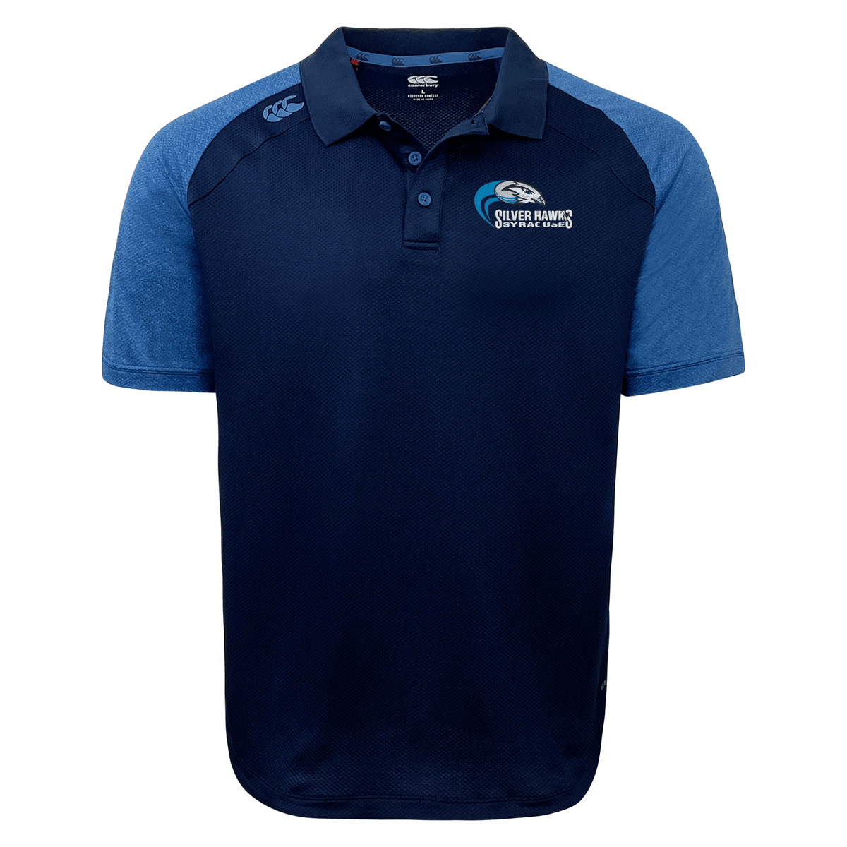 A navy blue lightweight Syracuse Silver Hawks Elite Polo by Canterbury with light blue sleeves and shoulders, featuring a "Silver Hawks" logo on the left chest, made from durable Vapodri fabrics by EMB Canterbury.