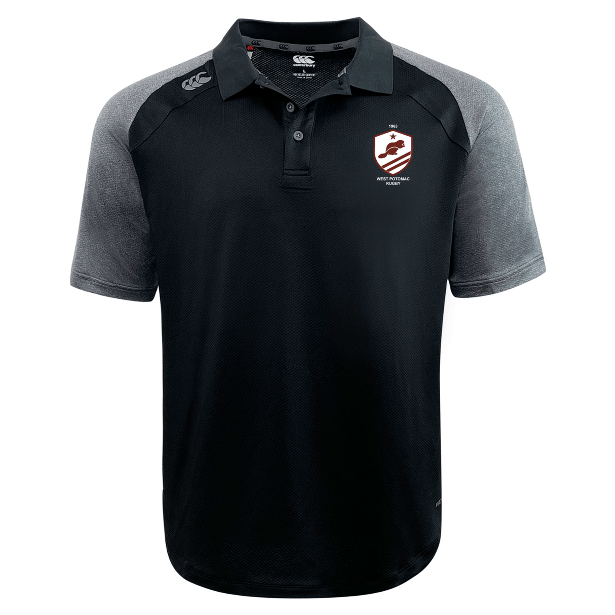 The West Potomac RFC Elite Polo by EMB Canterbury features dark gray sleeves, a buttoned collar, and a red and white shield logo. Made with Vapodri fabric for lightweight comfort.