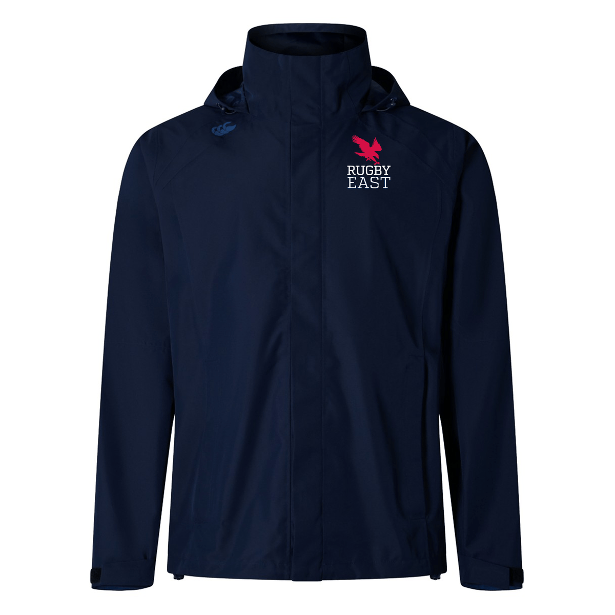 A navy blue hooded Rugby East Conference Elite Storm Jacket by Canterbury featuring the "Rugby East" logo in white and pink on the left chest area, perfect for pitchside coverage.