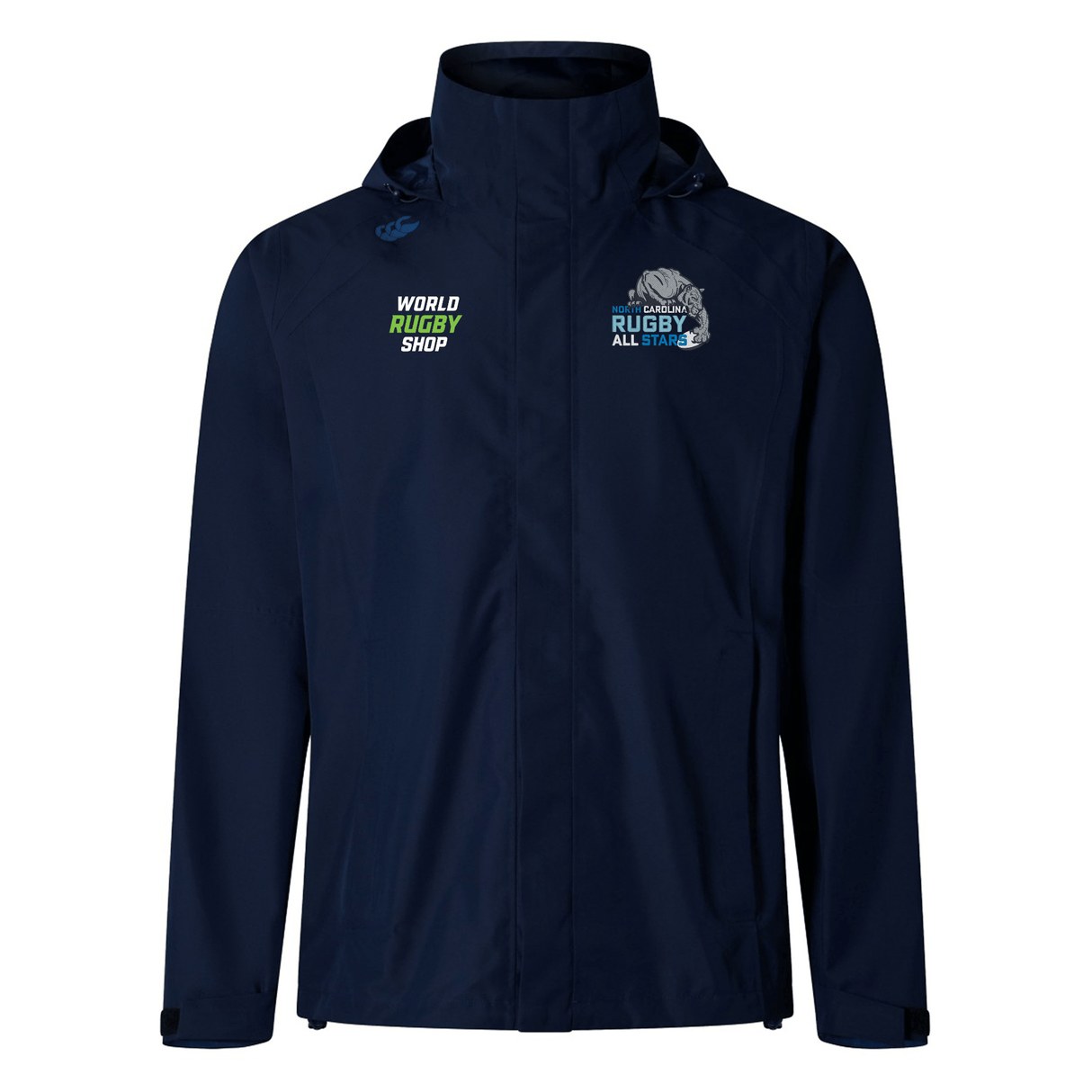 Navy blue jacket with "World Rugby Shop" and "Rugby All State" logos on the front, featuring a hood and front zip closure. This EMB Canterbury NC All Stars Elite Storm Jacket by Canterbury ensures breathability while keeping you dry in any weather.
