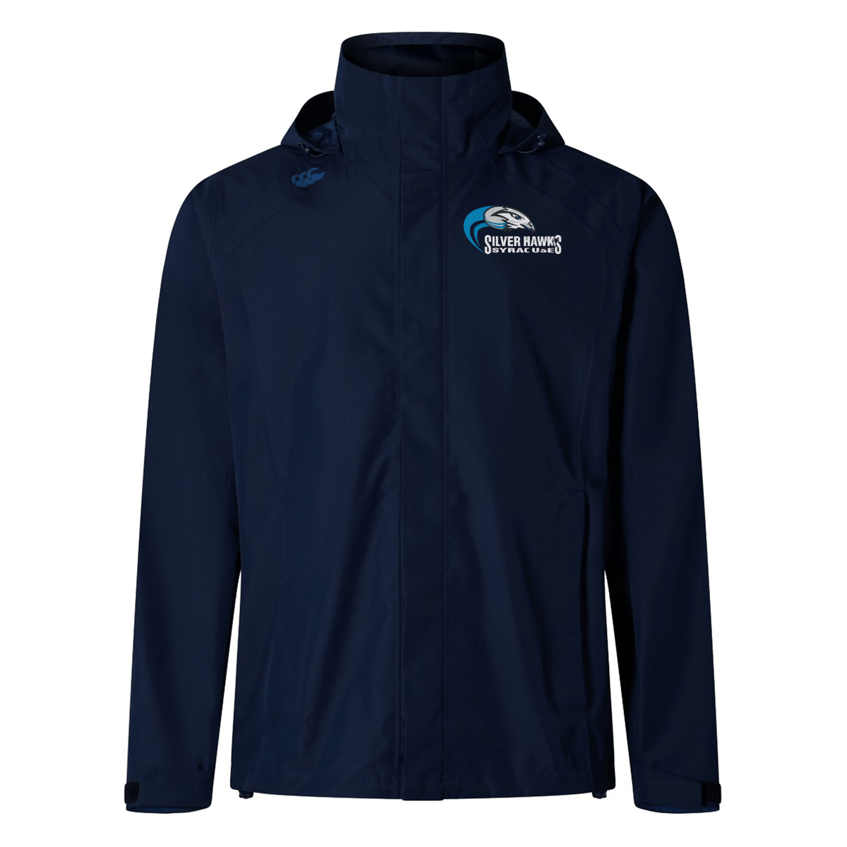 Navy blue waterproof Syracuse Silver Hawks Elite Storm Jacket by Canterbury with a hood, featuring the "Silver Hawks Syracuse" logo on the left chest in white and blue. Made with Vaposhield performance technology and breathable fabric for ultimate comfort.
