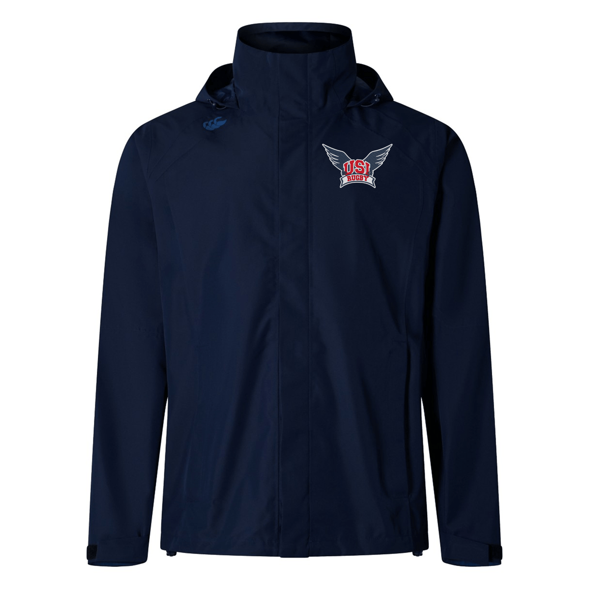 A University of Southern Indiana Elite Storm Jacket by Canterbury in navy blue with a front zipper, featuring an adjustable hood and cuffs, along with a logo on the left chest displaying "US Freestyle" with wings. Designed with Vaposhield performance to keep you dry and comfortable in any weather by EMB Canterbury.