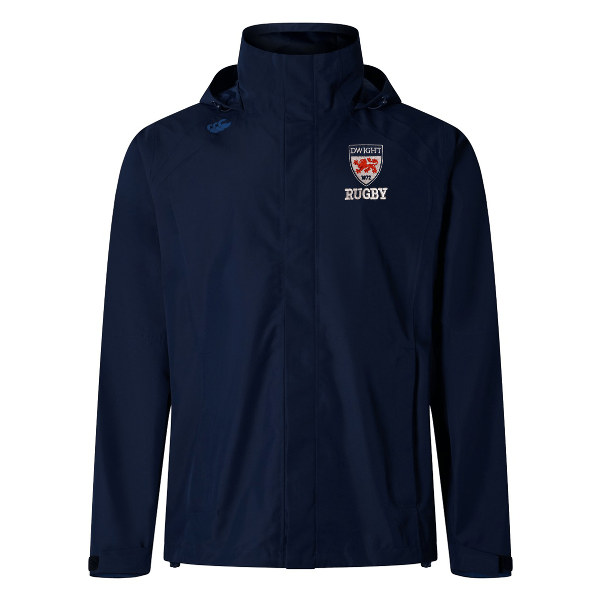 Navy blue waterproof Dwight Rugby Elite Storm Jacket with a hood, featuring the logo of "EMB Canterbury" on the right chest and a rugby team emblem on the left.