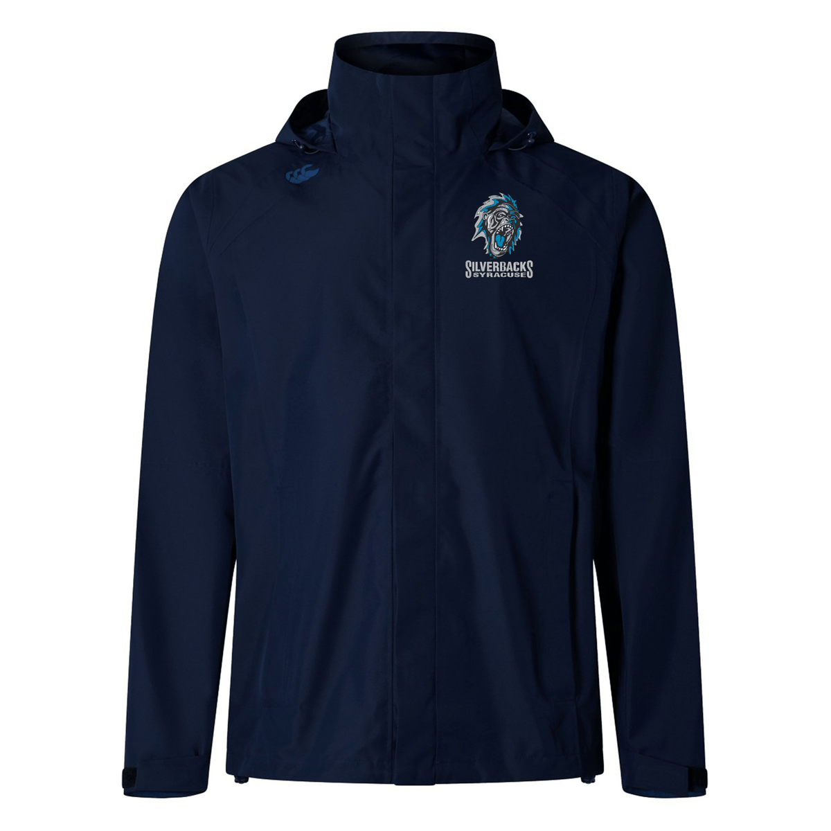 Navy blue waterproof jacket with a hood, front zipper closure, and Vaposhield performance. Crafted from premium outdoor specialist fabrics, it features the "Syracuse Silverbacks Elite Storm Jacket by Canterbury" logo on the left chest.